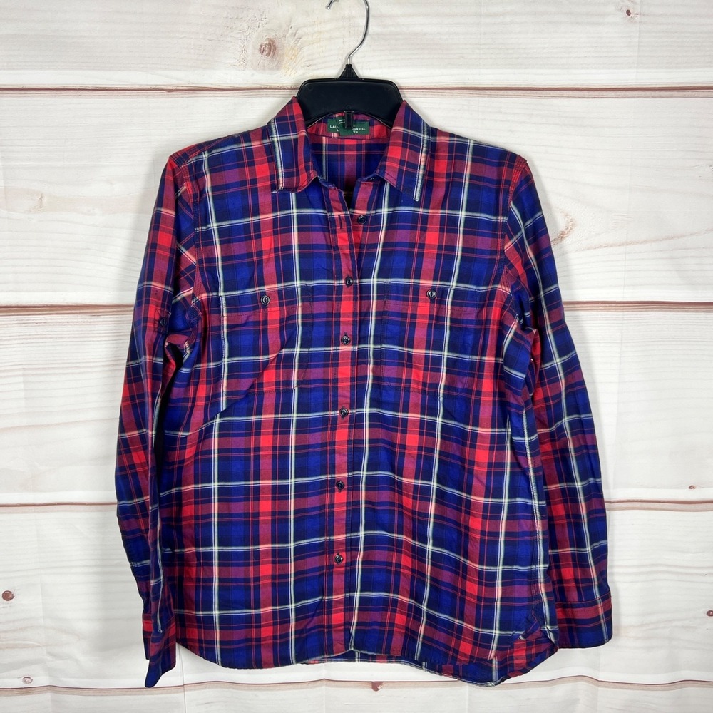 LRL Lauren Jeans Co Top Womens Medium Red Blue Plaid Cotton Shirt Button Up